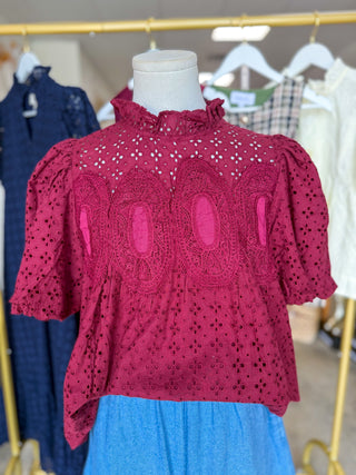 Burgundy Vintage Eyelet Top