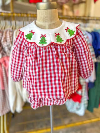 SET Christmas Tree Embroidery Red Gingham Girl Bloomer Set