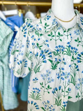 Blue & Green Ditsy Floral Ruffle Defined Collar Top