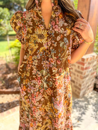 Brown Fields of Florals Eyelet Midi Dress