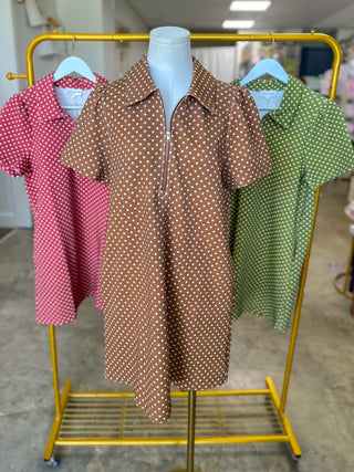 Caramel Go-To Polka Dot Half Zip Mini Dress