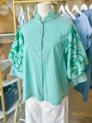 Green Fresh Bloom Embroidered Blouse