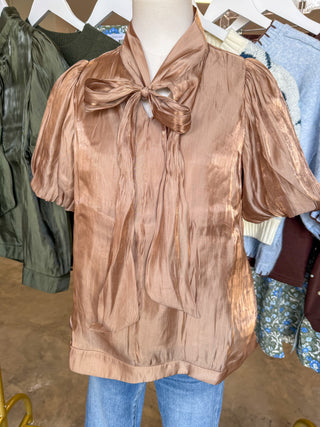 Mocha Scarlett Satin Bow Top