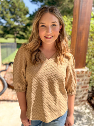 Taupe Diamond Textured Puff Sleeve Top