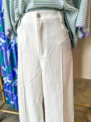 Off White Polished & Pleated Cropped Wide Leg Denim Jeans