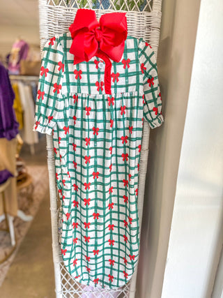 Green & Red Bow Plaid Ruffle Gown