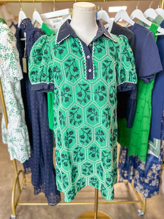 Minty Green Honeycomb Embroidered Contrast Collar Dress