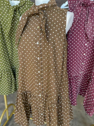 Brown Polished Polka Dots Tie Neck Mini Dress
