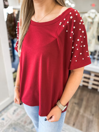 Crimson Pearls Short Sleeve Top