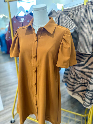 Camel Charm Button Down Collared Mini Dress