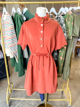 Rust Sutton Scalloped Tie Waist Mini Dress
