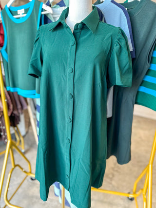 Hunter Green Charm Button Down Collared Mini Dress