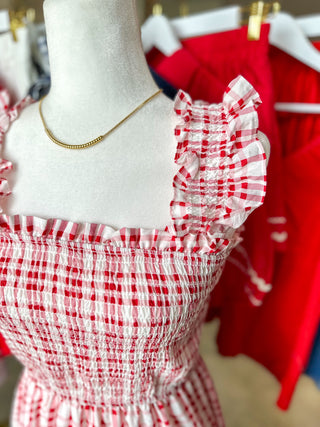 Red Plaid Smocked Tiered Midi Dress