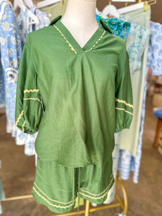 Green Ric Rac Trim Shorts Set