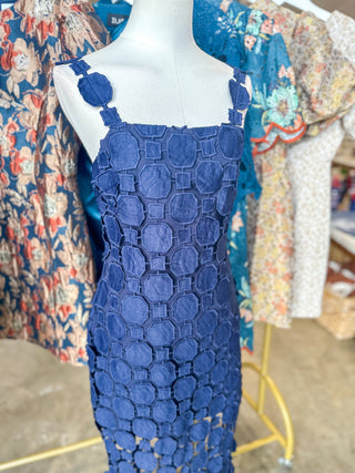 Navy Hyacinth Lace Fringe Midi Dress