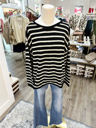 Black Simple Girl Stripe Boat Neck Sweater