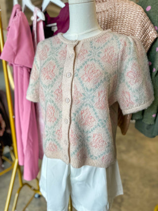 Cream Mint Subtle Floral Button-Up Short Sleeve Sweater