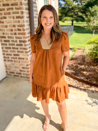 Camel Vinyard Stroll Ruffle Suede Mini Dress