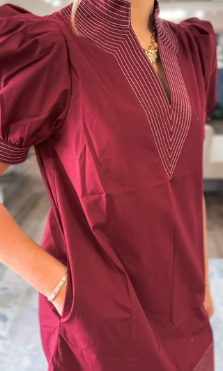 The Elle Burgundy Embroidered Mini Dress
