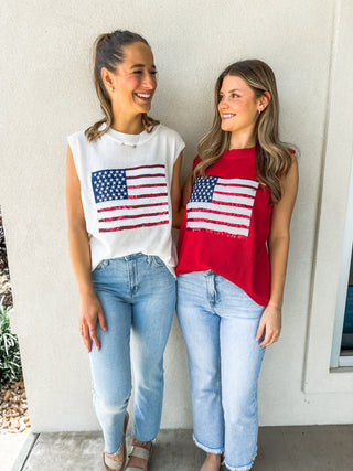 Red Born In The USA Sequin Flag Sleeveless Knit Top