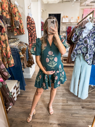 Hunter Green Amber Bloom Garden Mini Dress