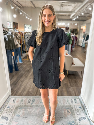 Black Sweet Magnolia Eyelet Mini Dress