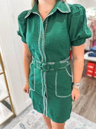 Pine Whisper Stitch Collared Short Sleeve Mini Dress