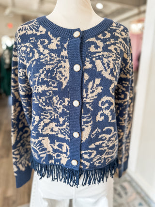 Navy Chateau Knit Fringe Cardigan