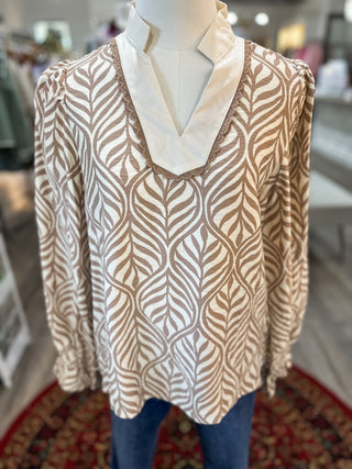 Mocha Palmetto Print Long Sleeve Blouse