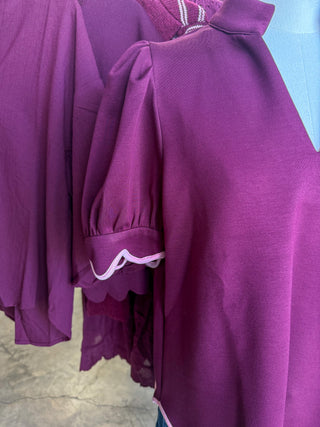 Plum Perfectly Scalloped Contrast Trim Top