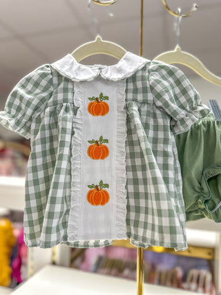 Fall Halloween & Thanksgiving Applique Plaid Girls Bloomers Romper Set