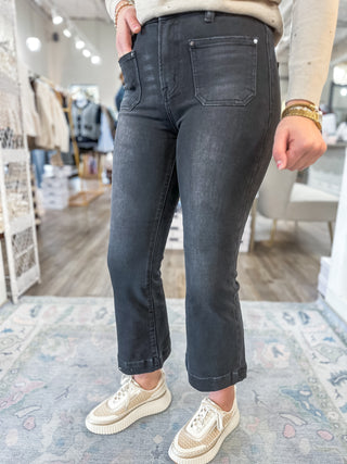 Lora Black High Rise Crop Flare Patch Pocket Jeans- Risen