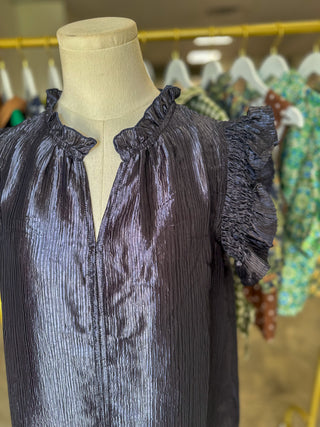 Navy Metallic Woven Flutter Sleeve Top