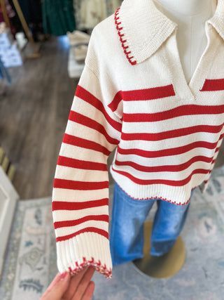 Red Varsity Striped Collared Long Sleeve Sweater