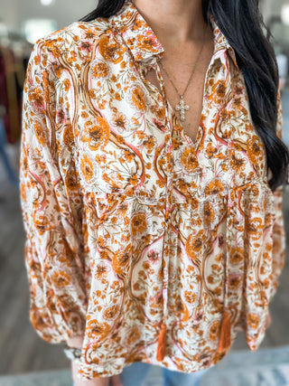 Cream Multi Floral Boho Tassel Blouse