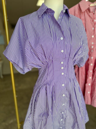 Purple Pinstripe Pleated Button Down Mini Dress