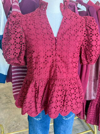 Burgundy Eloise Eyelet Peplum Top
