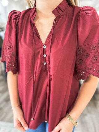 The Burgundy Claire Eyelet Trim Blouse