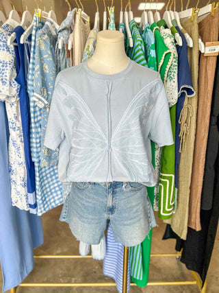 Blue Butterfly Wing Embroidered Short Sleeve Top