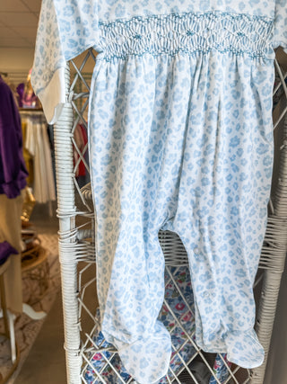 Blue Cheetah Print Smocked Footie