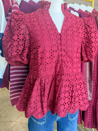 Burgundy Eloise Eyelet Peplum Top