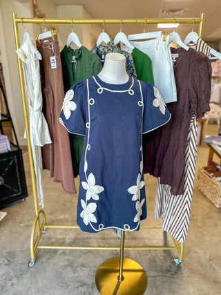 Navy & Ivory Vine Embroidered Mini Dress