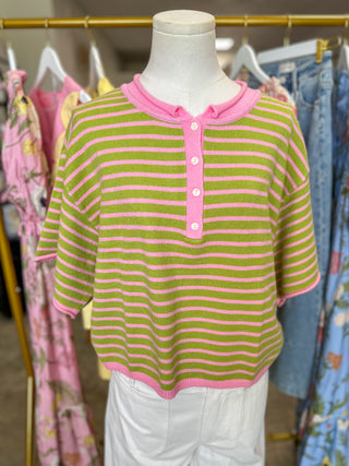 Strawberry Matcha Striped Short Sleeve Henley Knit Top