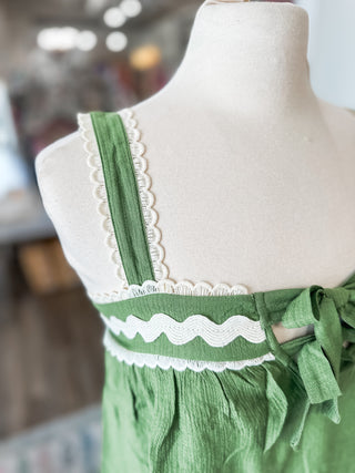Light Olive Front Split Tie Top W/ Wavy Trim