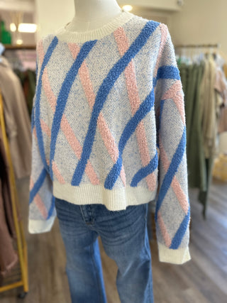 Stripe a Pose Fluffy Sweater Top Denim Blue/Ivory/Blush