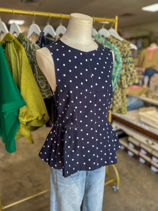 Navy Prescott Polka Dot Peplum Top