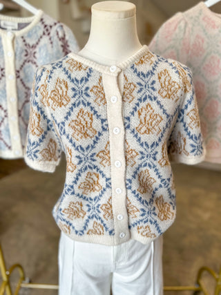 Ivory & Blue Subtle Floral Button-Up Short Sleeve Sweater