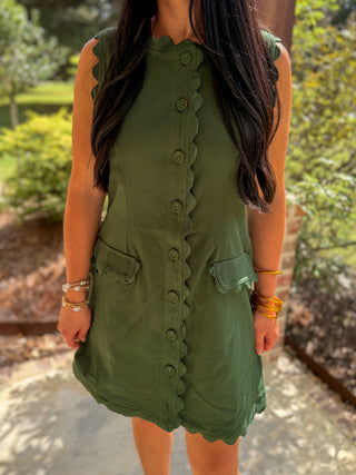 Hunter Green Sweet Detail Scallop Trim Mini Dress