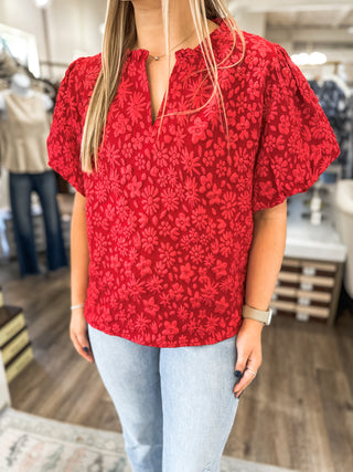 Red Embossed Floral Balloon Sleeve Blouse