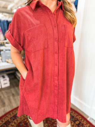 Marsala Drop Shoulder Button Up Suede Shirt Dress